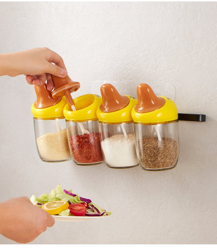 Kitchen Household Spice Jars Food Grade Condiment Container Salt Pepper Glass Seasoning Jar Seasoning Box Storage Rack Set
