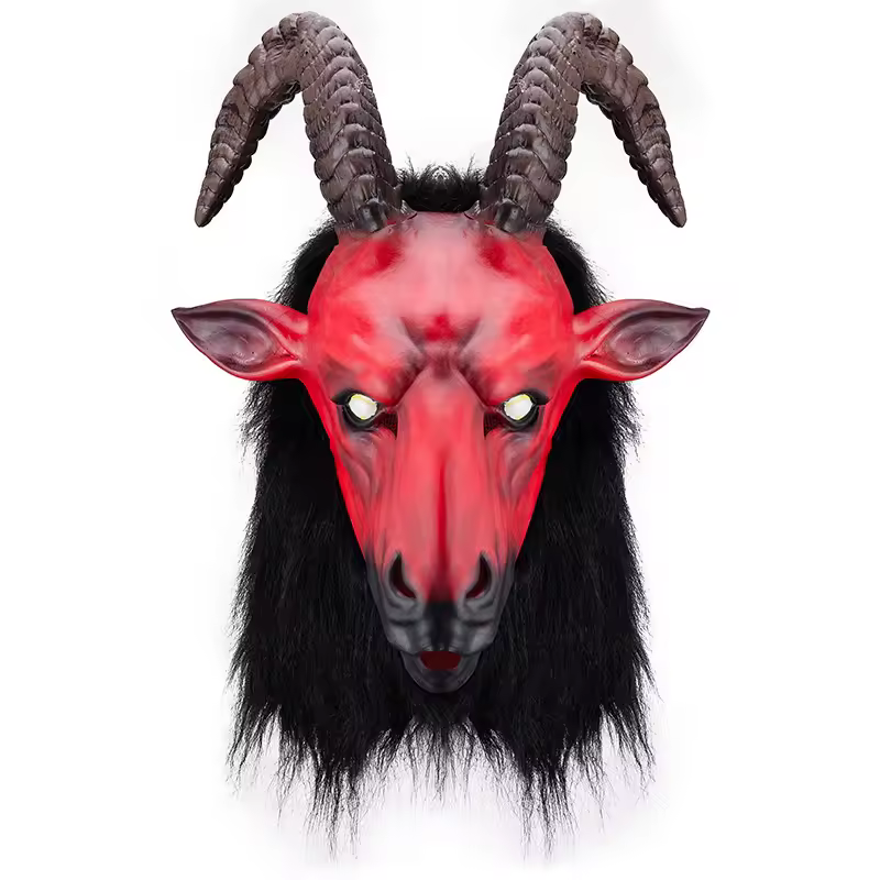 Hairy Horn Full Head Horror Latex Mask Realistic Red Goat Devil Headgear Full Face Mask Supplier For Halloween Costume Props