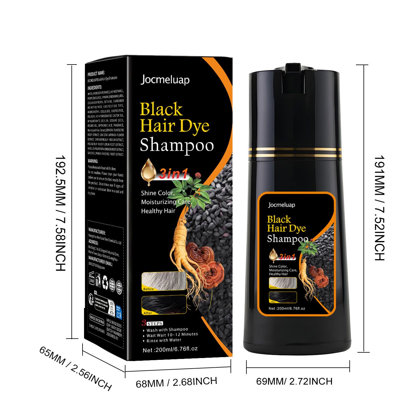 Wholesale Manufacture 200ml Best Herbal 3 in 1 Ginseng Hair Color Shampoo Black Hair Dye Coverage Gray Hair for Home Use