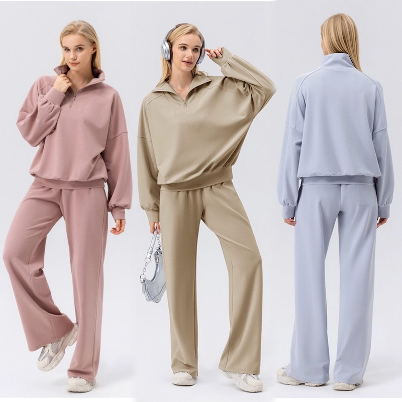 Wholesale Plus Size Daily Loungewear Suit 1/4 Zipper Drop Shoulder Pullover with Adjustable Hem + Baggy Sweatpants Loose Fit Leisure 2PCS Sweatsuit Set
