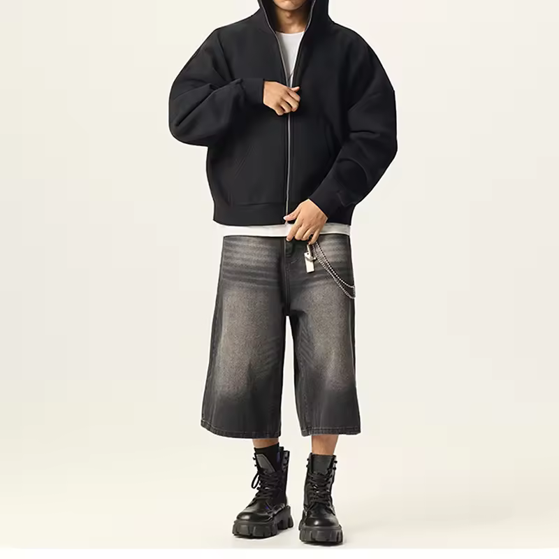 In Stock Ready To Ship Streetwear Wholesale Custom Blank Punk Style Oversized Plush Fleece-lined Full Zip-up Hoodie