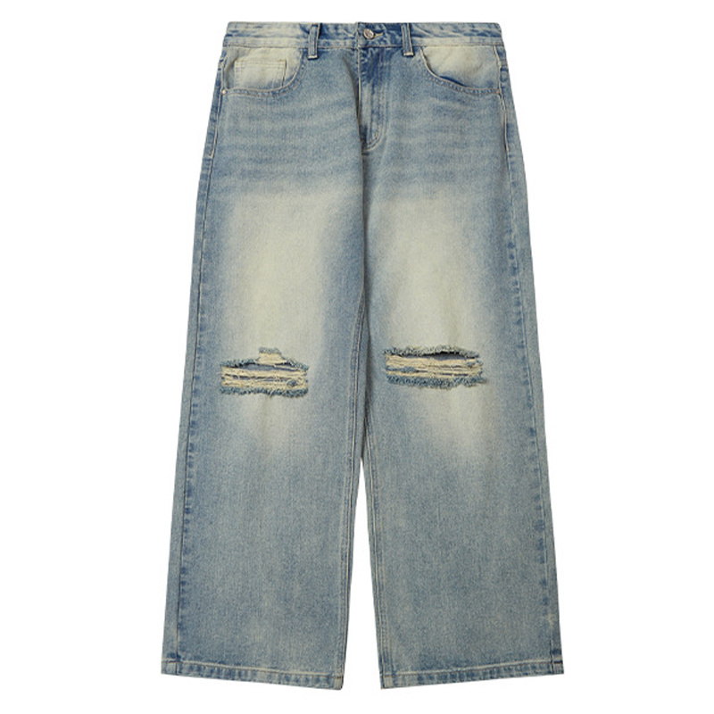 2025 New Style Hot Sell Cotton Hand Made High Street Distressed Vintage Washed Wide Leg Jeans for Men