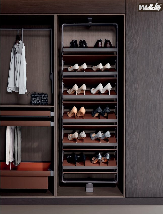 360 Degree Rotating Shoe Organizer-Aluminum Frame with Leather-Wrapped Shelves