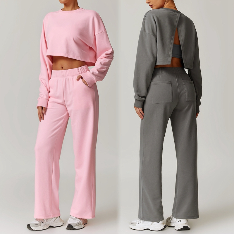 Casual 2PCS Sweatsuit Loungewear Split Back Cropped Pullover Flared Jogger Sweatpants Matching Tracksuit Two Piece Lounge Sets for Women