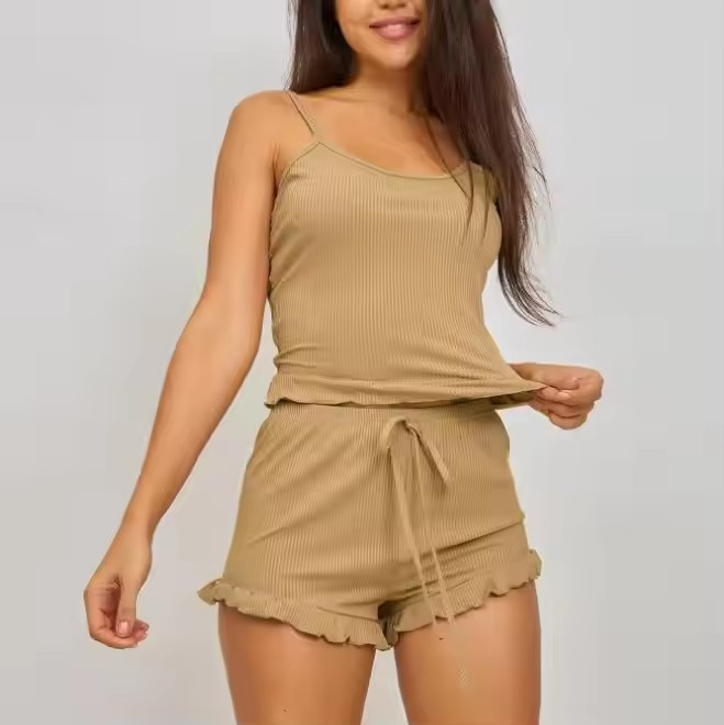New Hot-Selling Sleepwear Women's Sensual Strap Top and Shorts Two-Piece Set Solid Color Striped Sleepwear Set