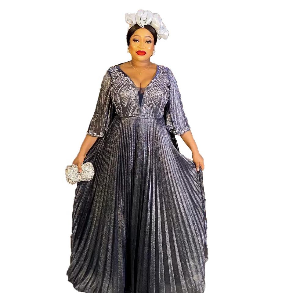 Best African Clothing Women Fold With Gold Dust Formal Dress for Women V-neck Rhinestones Luxury Dresses for Women 2023