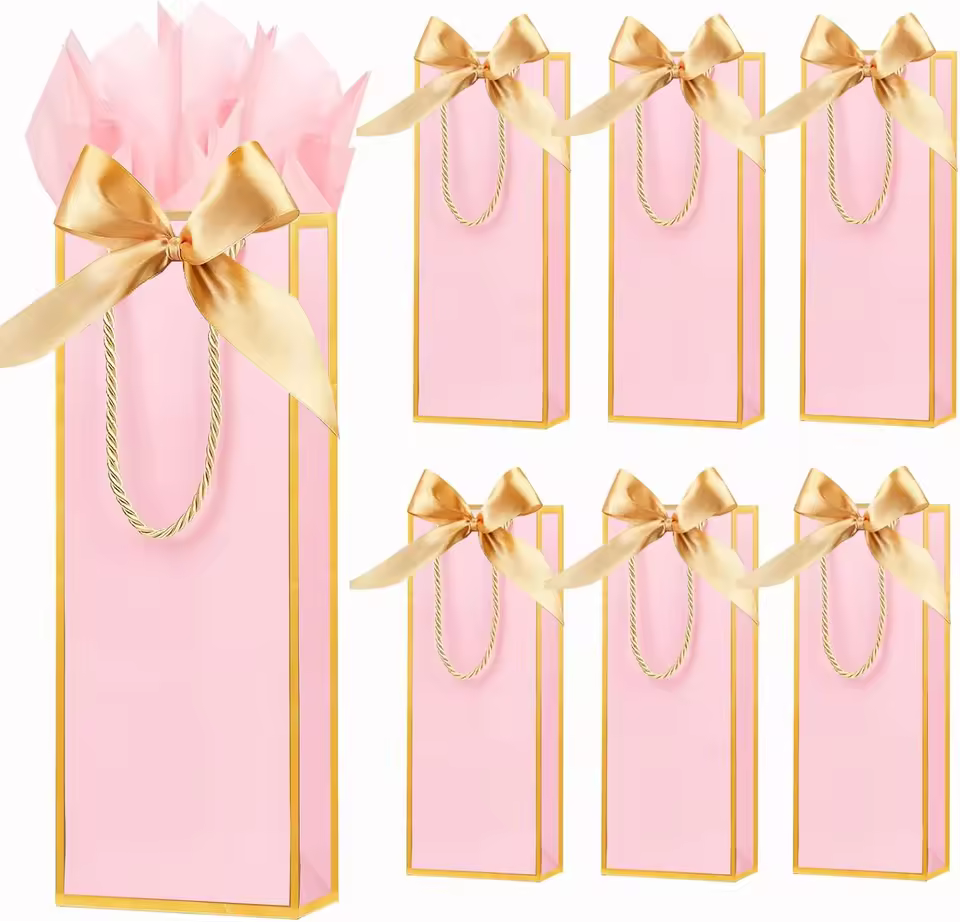 Gift Drink Packaging Bag With Tissue Paper Wine Bottle Paper Bags With Bow Ribbon For Wedding Birthday Christmas Party Supplies