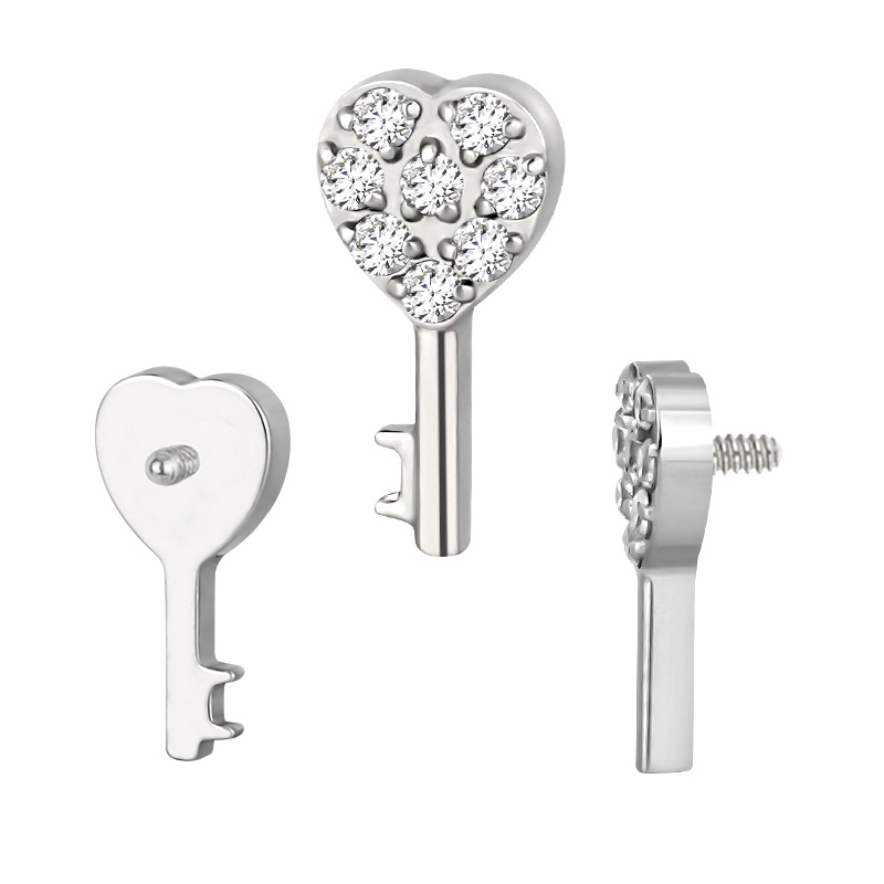 Ready to Ship Titanium CZ Paved CNC Heart Key Internally Threaded Helix Earring Labret Top