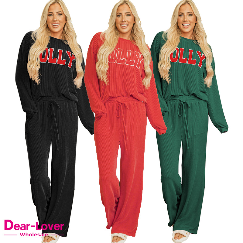 Dear-Lover OEM ODM Wholesale Boutique Jolly Corded Long Sleeve Top and Pockets Pants Set Women Sleepwear Christmas Pajamas