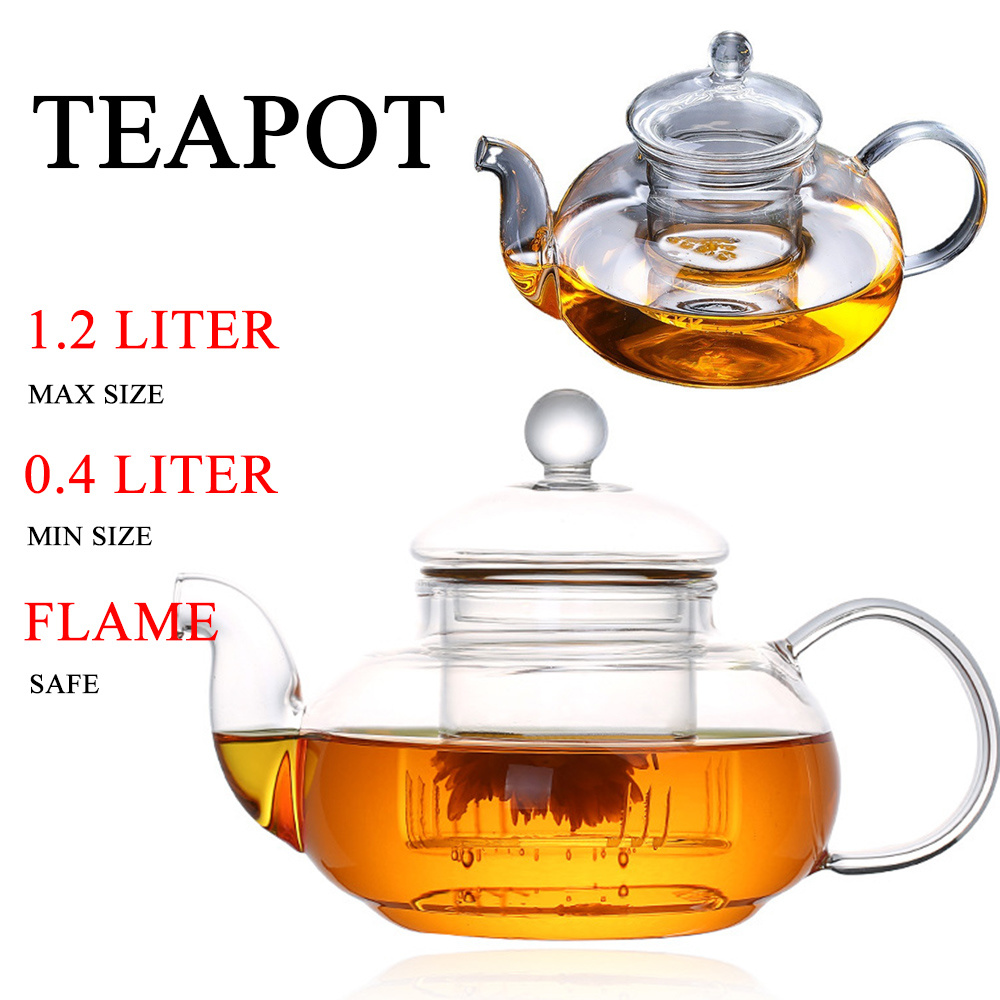Hemera Glass 400ml 600ml 800ml 1000ml 1200ml Classic Pyrex High Borosilicate Glass Home Use Tea Pot Kettle, Teapot with Glass Lid and Filter