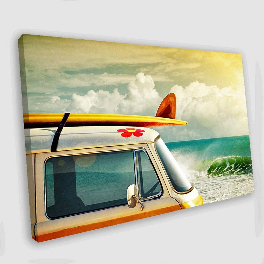 Retro Bus Canvas Art Retro Car Canvas Beach Wall Decor Surfboards Print Ocean Wall Tropical Print Surf Ocean Vintage Car Print