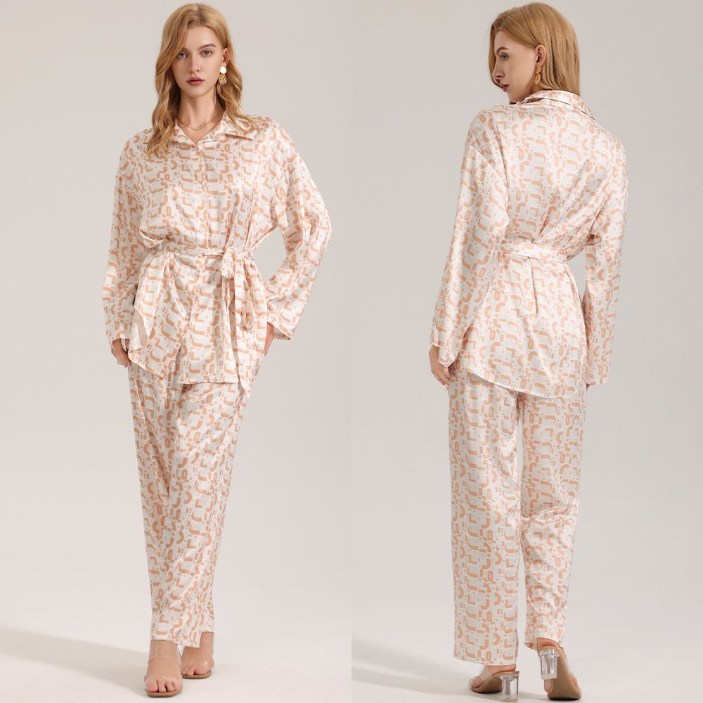 Customizable Satin Chiffon Print Pajama Set-Women's Long Sleeve Loungewear with Flowy Trousers