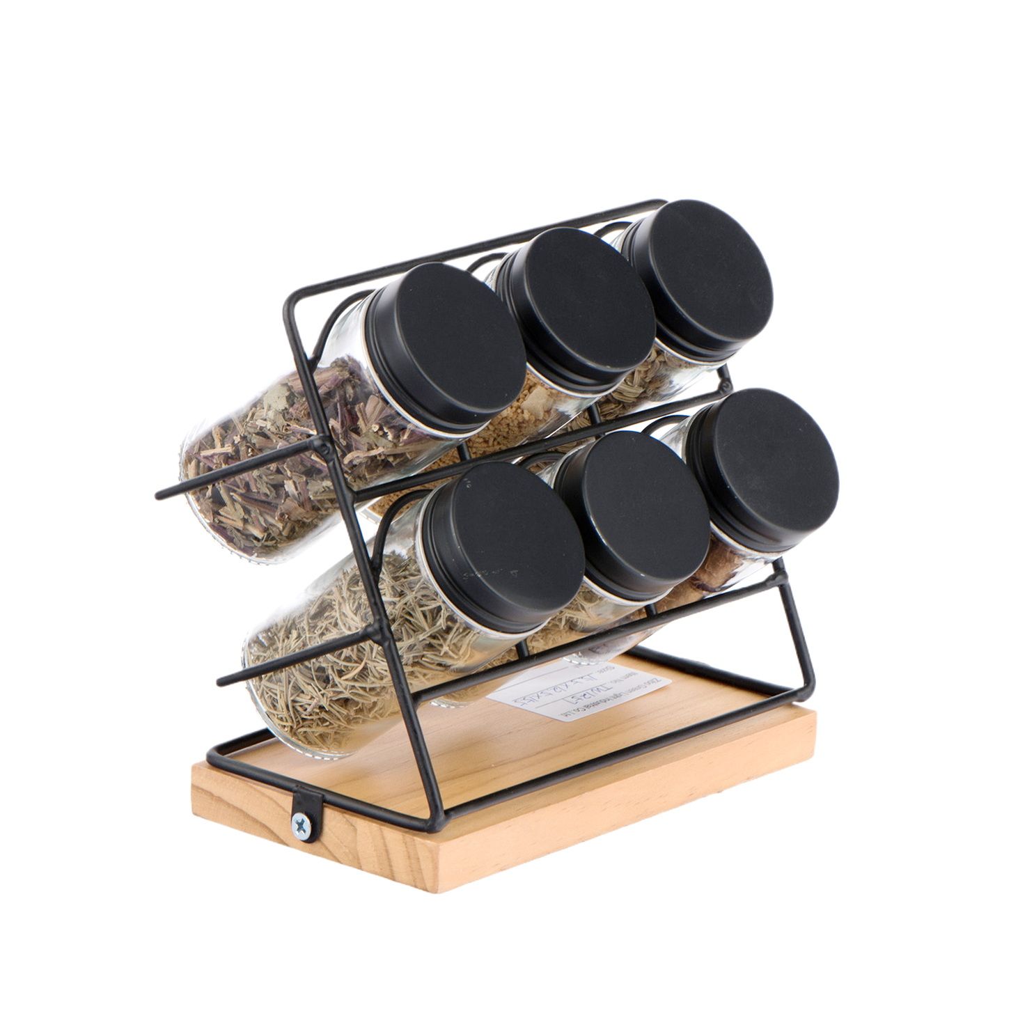 6PCS Multifunctional Glass Spice Jar Set with Black Metal Lid Metal Rack and Wood Stand for Spice Herbs