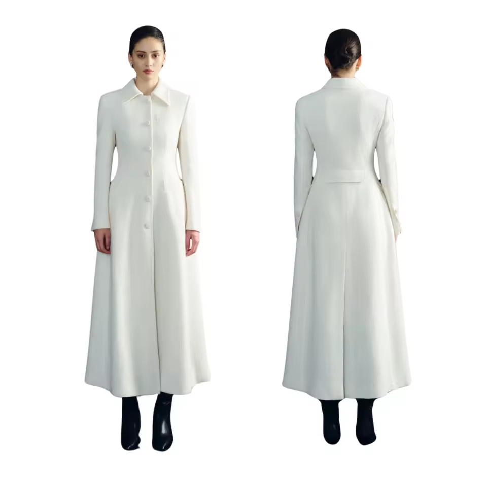 High-quality Long Women's Coats Long-shaped Front Buttons & Pockets Naila Singer Breasted Coats Private Labelling White Ant