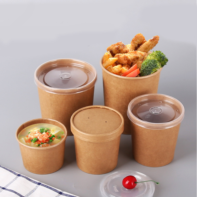 Kraft Paper Soup Cup Bowl Tub with Lid Take Away Food Packaging