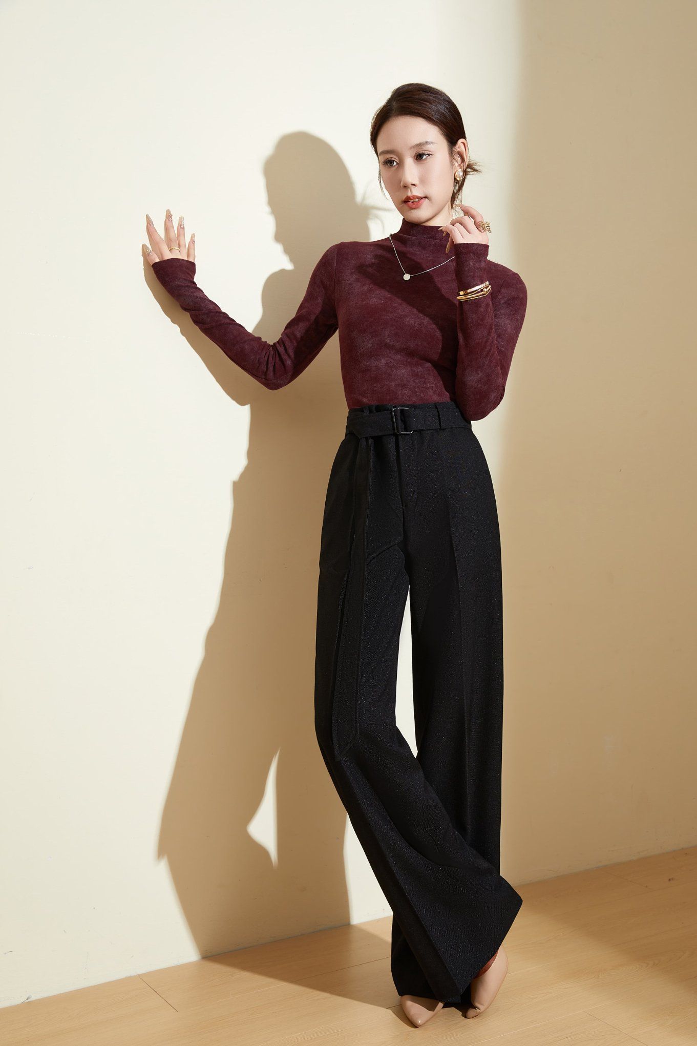 Women's Casual Wool-Blend Wide-Leg Trousers: Functional Pockets