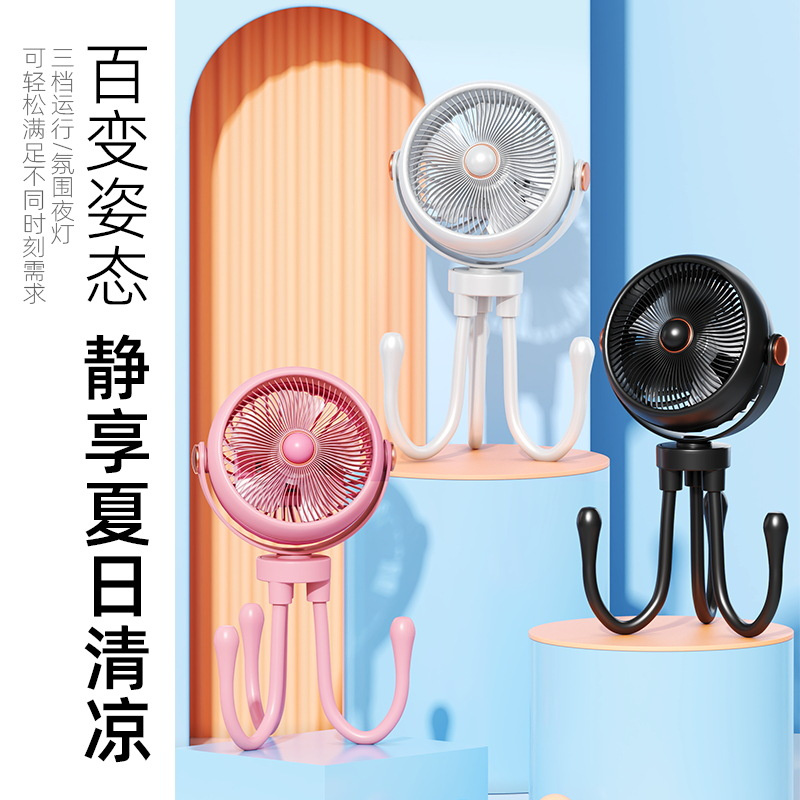 Octopus Clip Fan with LED Light Silent USB Rechargeable Desk Car Mini Fan with Flexible Stand