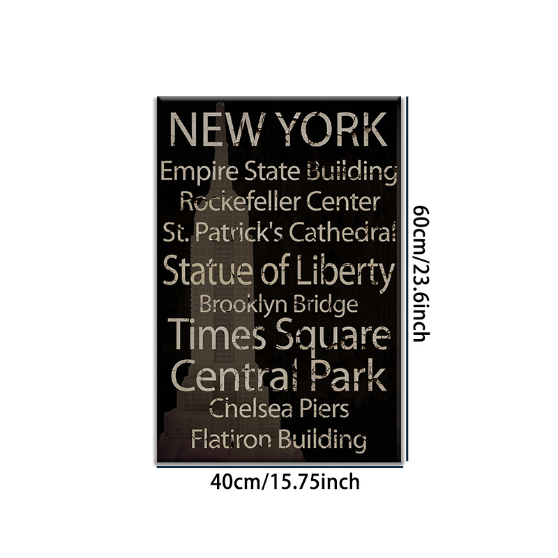 New York Landmarks Typography Canvas Wall Art, Vintage City Decor Piece