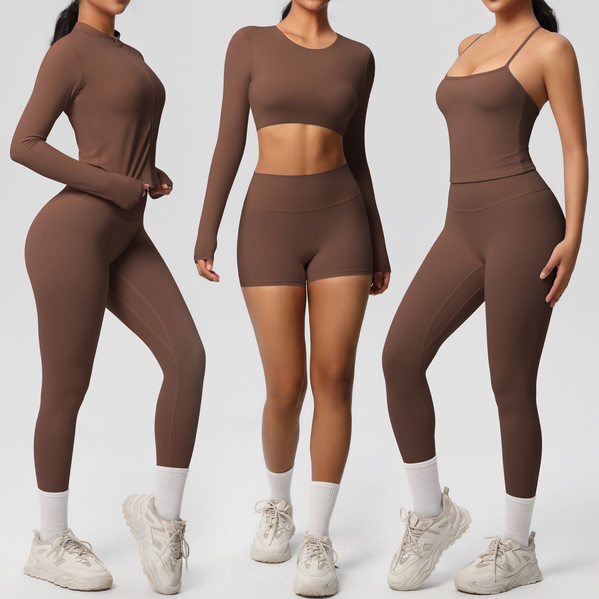 Women Workout Outwear Long Sleeve Yoga Outfits Gym Clothes Removable Padded Cup Crop Top Athletic Jacket Activewear High Waist Leggings