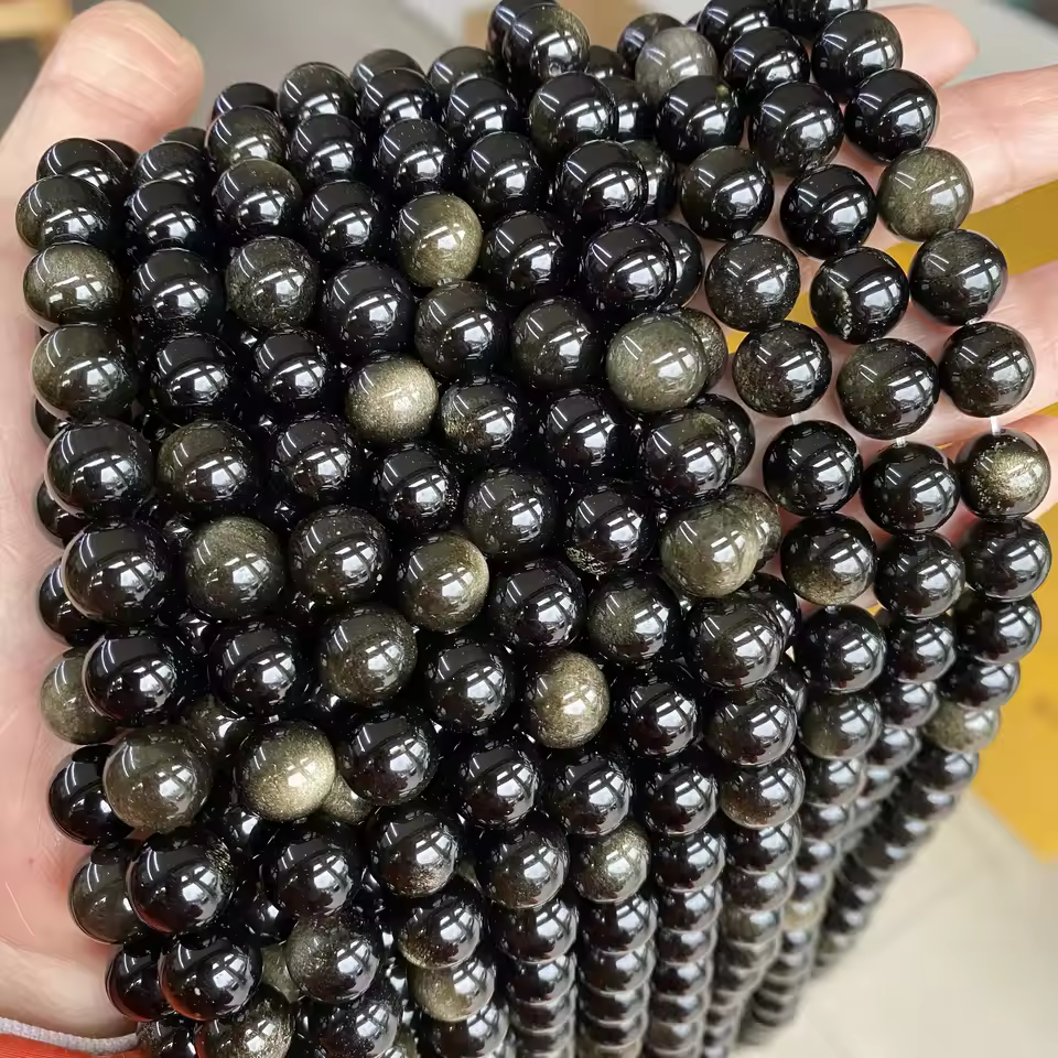 Ali Gold Gemstone Natural Stone In Bulk Smooth Loose Round Beads Golden Obsidian Beads For Bracelet