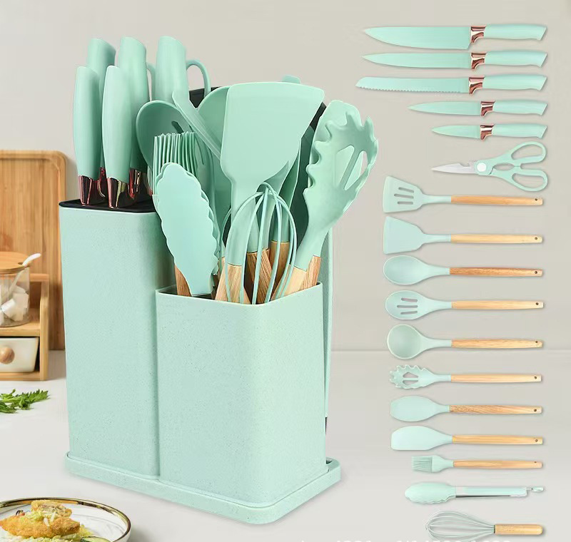 Heat Resistant Silicone Kitchen Utensils for Cooking W Wooden Handles, Spatula Set, Kitchen Utensil Gadgets Sets for Non-Stick Cookware, BPA Free (Black)