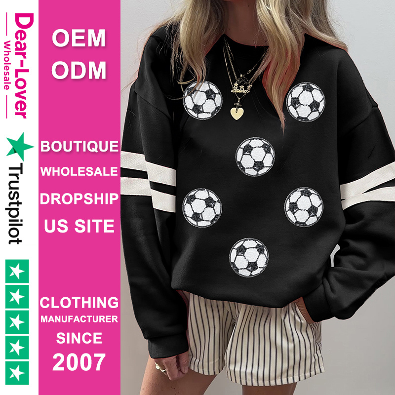 Dear-Lover Wholesale OEM ODM Print on Demand Game Day Soccer Football Sequin Patched Graphic Oversized Varsity Sweatshirt