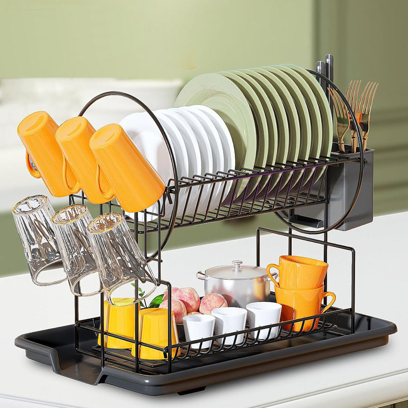 Rust-Proof Foldable Dish Drying Rack 2 Tiers Metal Dish Draining Rack Over Kitchen Sink Dish Rack