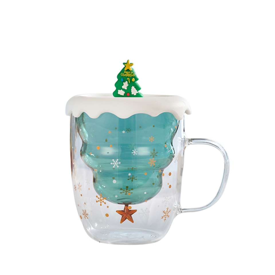 Merry Christmas Gift Santa Tree Glass Cup Borosilicate Double Wall 3D Milk Mug