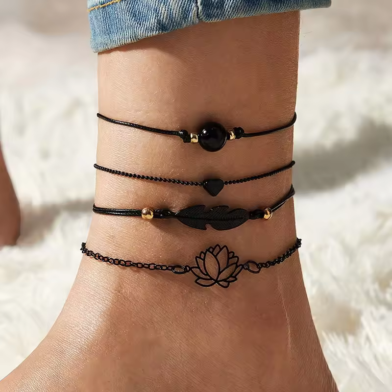 2025 Ethnic Black Beaded Anklet Acrylic Leaf Love Heart Anklet Stackable Lotus Anklet For Women Jewelry Gift