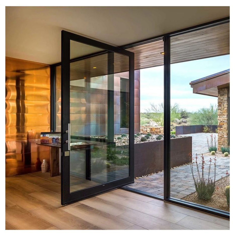 OEM ODM Customizable Tempered Glass Residential Aluminum Pivot Doors Black Exterior Swing Door for Home