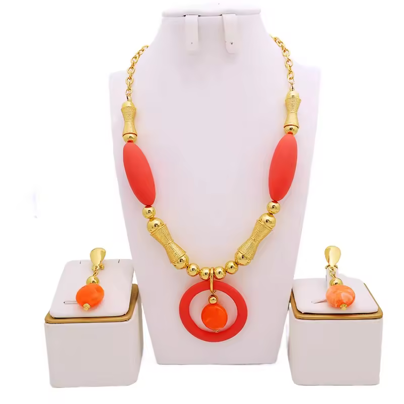 New Arrival Fashion Italian Jewelry Set 18k Gold Plated 2pcs Jewelry Set Alloy Long Chain And Earrings For Women African