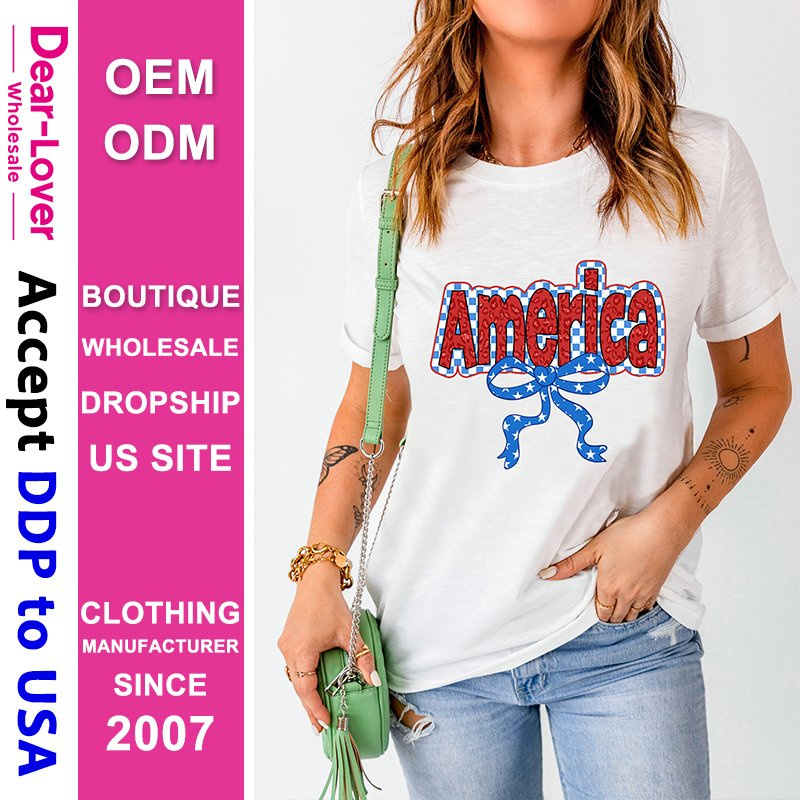 Dear-Lover Wholesale DDP Air Shipping Import Tariffs Included White Funky America Letter Bow Printed T Shirt