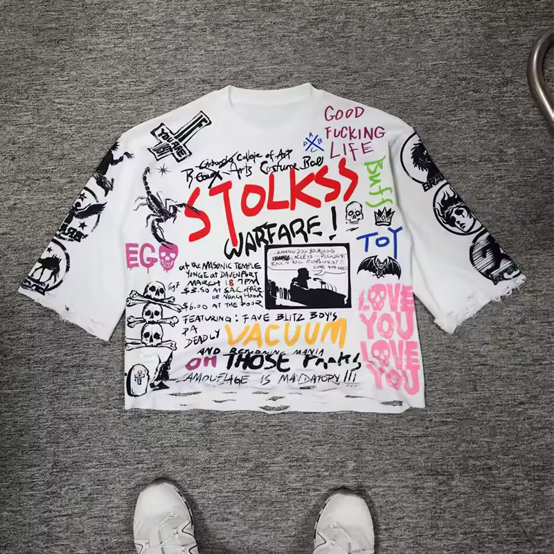 Top Tee Men's Fashion Thermal T-shirt Waffle Knit Long Sleeve Black Acid Wash Hip Hop Graphic Design Casual Digital Printing