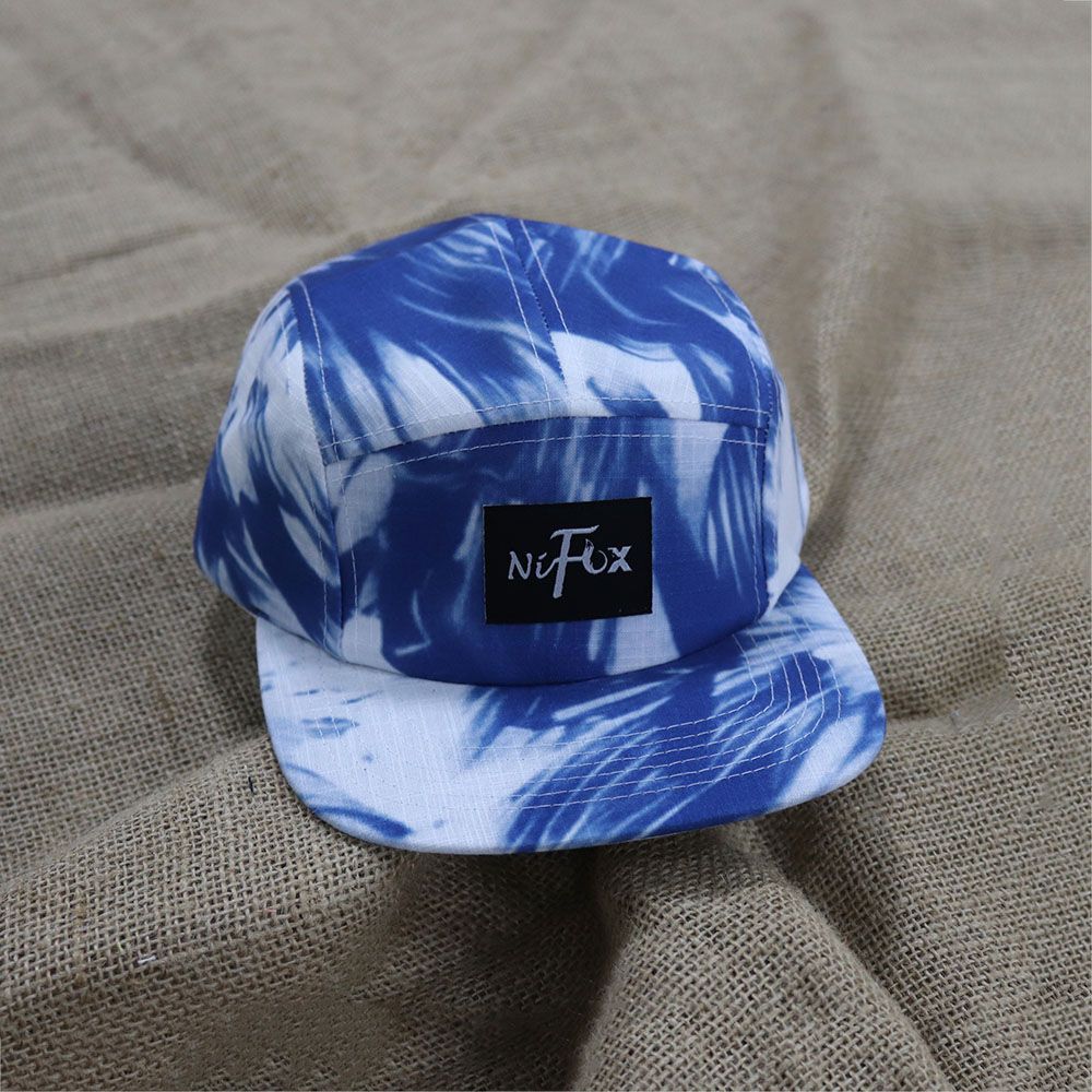 Blue Linen Men's Camping Hat Low Order Quantity Woven Logo Organic Camp Caps