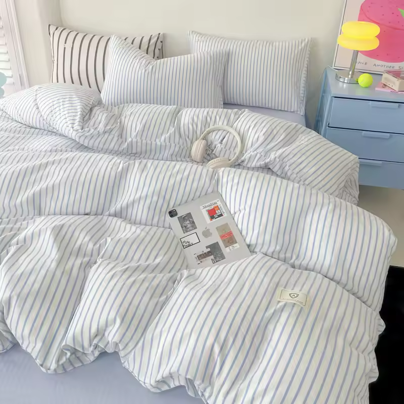 European Style Microfiber Washed Duvet Cover Set Stripe Quilt Cover Geometric Woven Home Bedding Customizable Summer Bedding Set