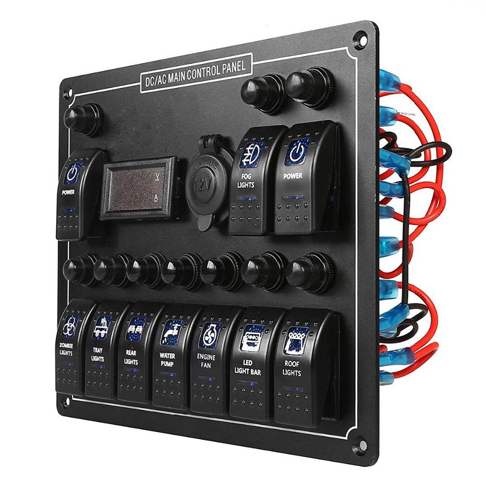 10 Gang Alluminoum Alloy Rocker Switch Panel with Current Voltage Tester Cigarette Lighter Socket for Car Marine Boat