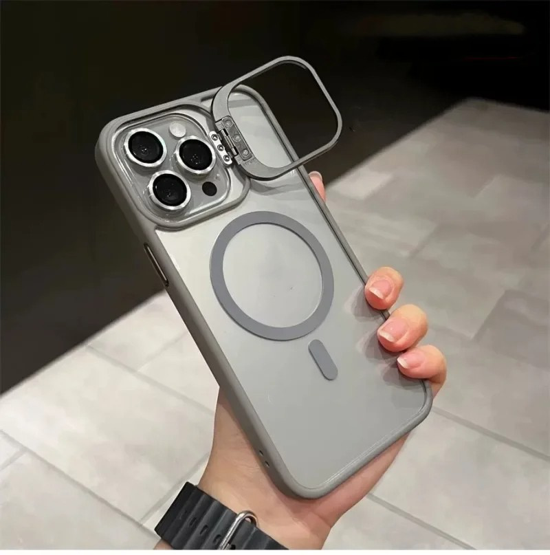 with Lens Film Protection Camera Alloy Bracket Transparent Acrylic Back Cover Magnetic Case for iPhone 16 14 15 13 12 PRO Max