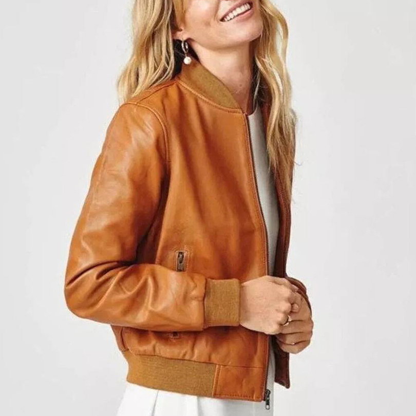 Women's Tan Leather Jacket Genuine Lambskin Bomber Leather Jacket