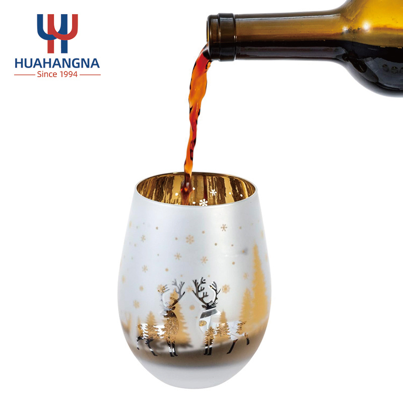 Machine Made Leadfree Crystal Christmas Deer Tree Electroplated Gold Holiday Water Juice Stemless Wine Glass Cup