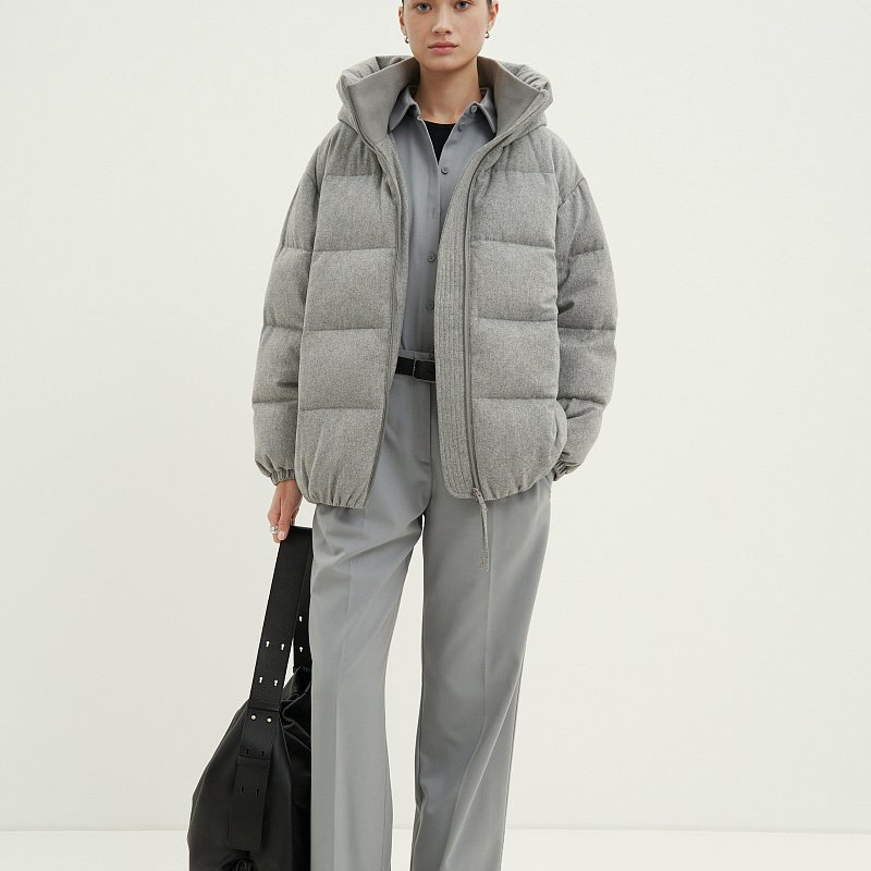 Luxury Modern Autumn-Winter Lady Warm Tweed Matte Oversize Puffer Down Jacket with Elastic Hem in Grey for Casual
