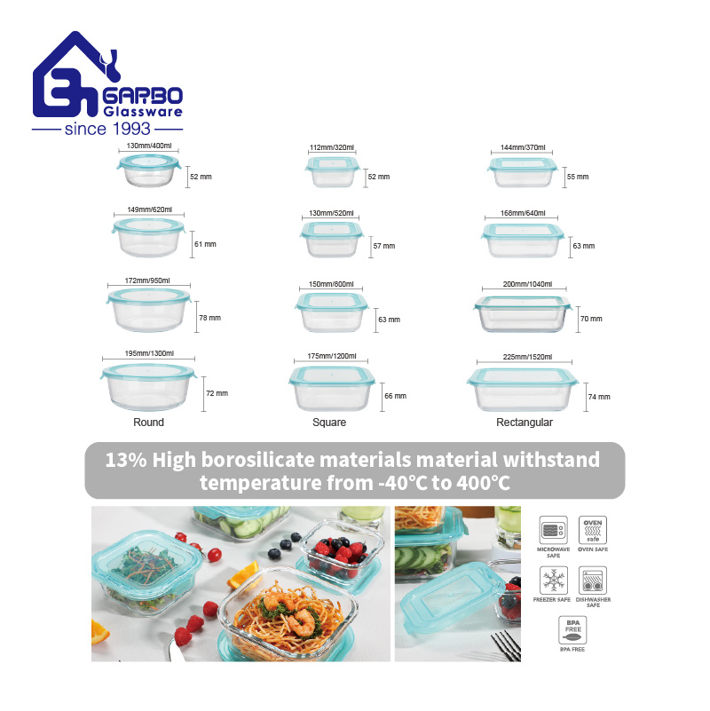 Promotional Hot Selling High Borosilicate Glass Food Container Microwave Oven Safe Lunch Box with Lid Round Square Rectangle 640ml Bento Food Container Bowl