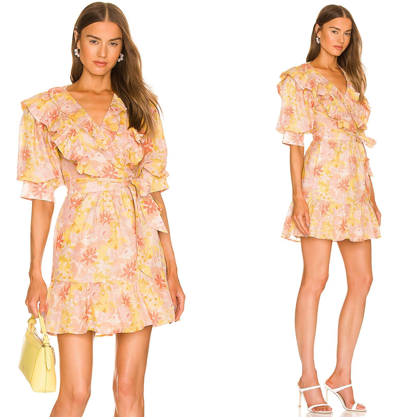 China Supplier Guangzhou Factory Wholesale Bulk Hot Popular V Neck Ruffle Women Floral Dress