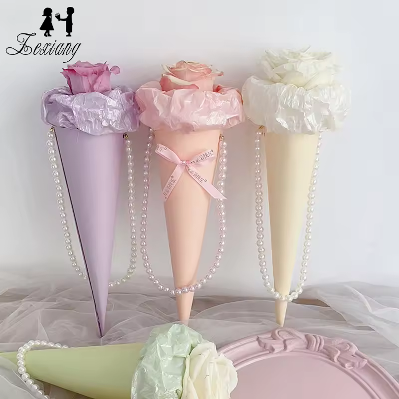 Ice Cream Creative Fan-shaped Portable Bag Flower Box Pearl Chain Pin 2pcs Wrapping Paper Double-sided Adhesive Card Silk Set