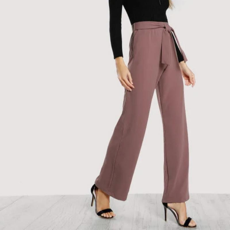 Slant Pocket Belted Pants Women Trousers High Waist Casual Wide Leg Pants