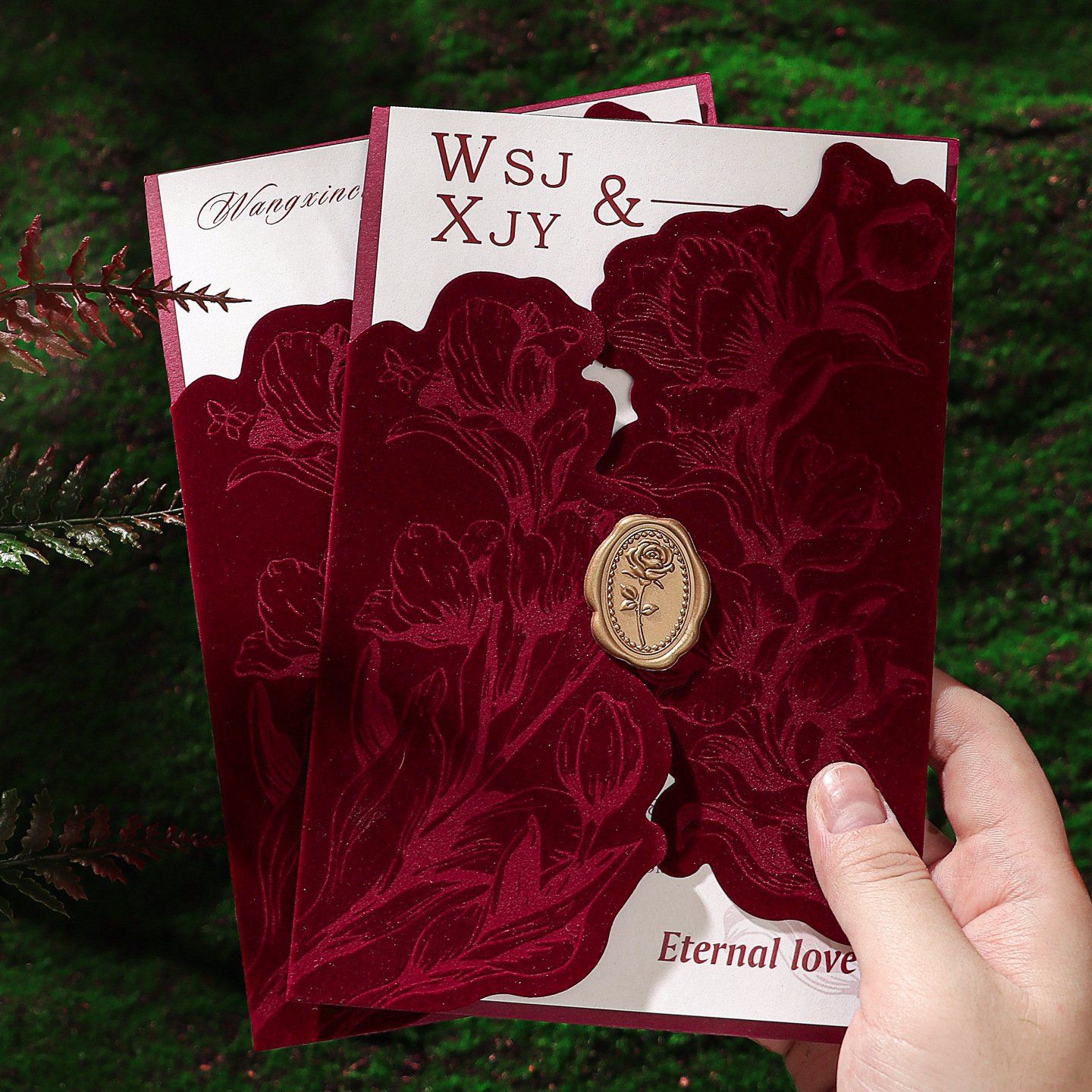 Burgundy, Velvet, Luxurious Wedding, Wax-Sealed Wedding Invitation.