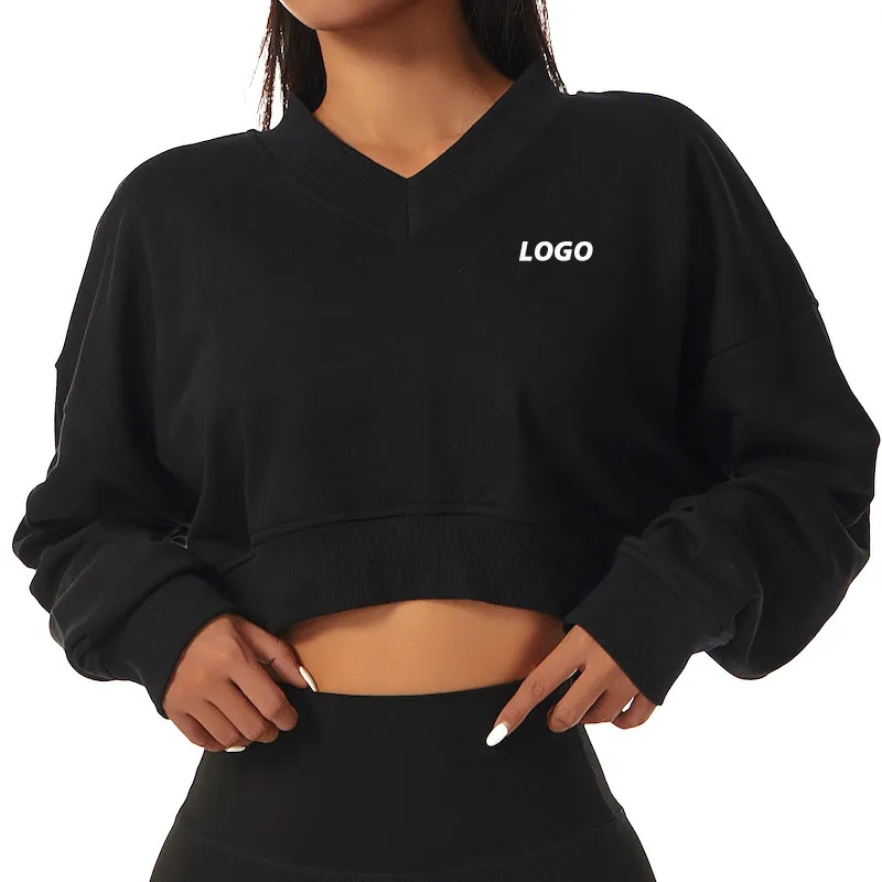 New Hot Fall Winter Long Sleeve Street Clothing Crop Top Sweatshirts for Women, Fashion V Neck Casual Boyfriends Pullover Activewear Relaxed Fit Travel Outfits