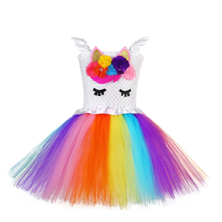 Hot Selling Sweet Costume Colorful Fairy Princess Unicorn Horn 2-12 Years Girl Tutu Dress Kid