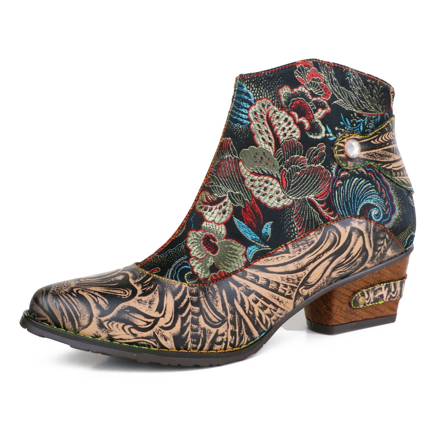 Women's Embossed Leather Shoes Maximalist 70s Vintage Embroidered Floral Pattern Bohemian Low Heel Comfy Ankle Boots