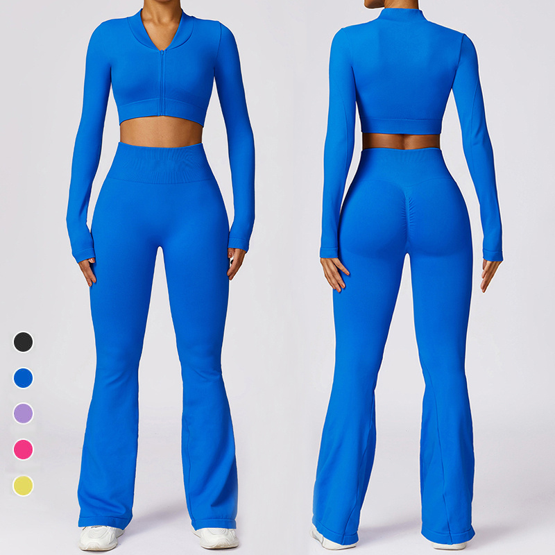 Seamless Workout Yoga Set Women Sports Fitness High Waist Flare Pants Long-Sleeved Crop Top Gym Clothing