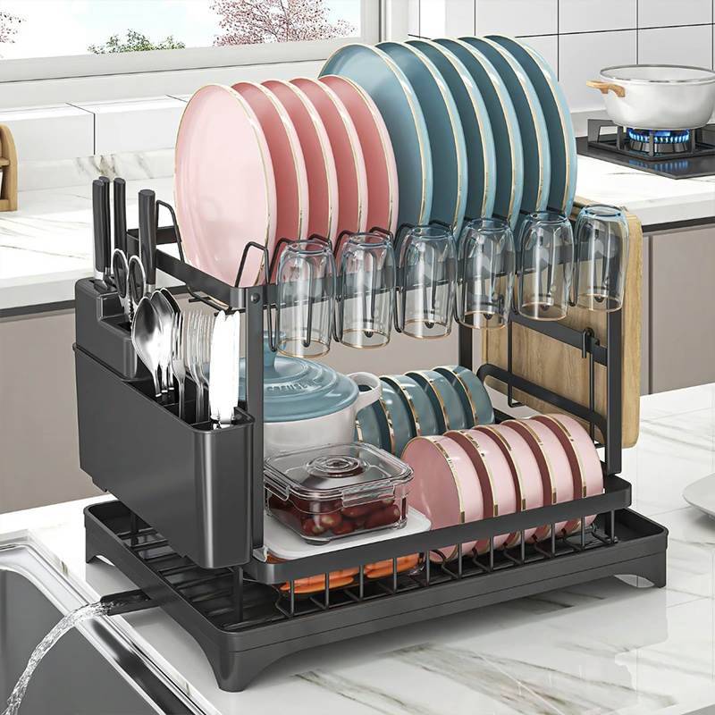 Japanese Style Double-Layer White Metal Bowl Rack Kitchen Dish Storage Chopstick Rack with Household Drain Pipe Storage Bracket